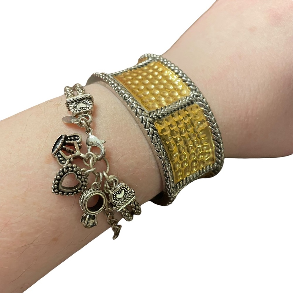 Premiere Designs Two Bracelets Clamper Cuff Silver Gold Textured Charm Chain